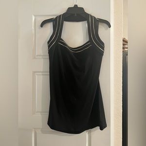 Black around the neck top with gold trim